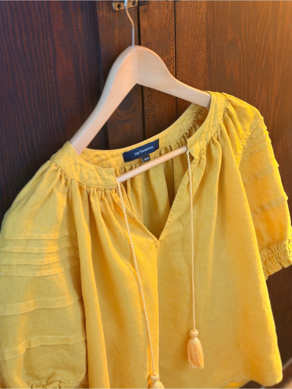 Jim Thompson Yellow Linen Tie-Neck Peasant Blouse Authentic from Thailand store.
